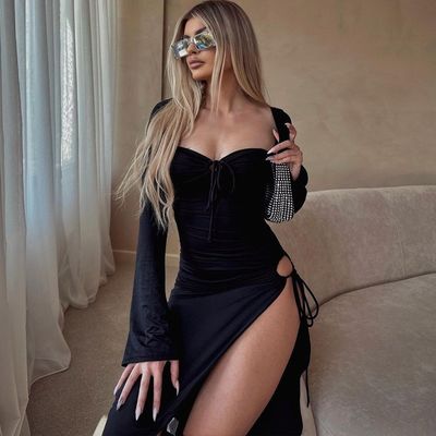 Uzun Kollu Paket Kalça Elbise Seksi Ateşli Halter Bel Elbise Siyah Sıkı