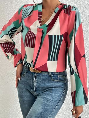 Geometrik Baskı Dekal Tişört Dacron Uzun Kollu Top Bayanlar İçin