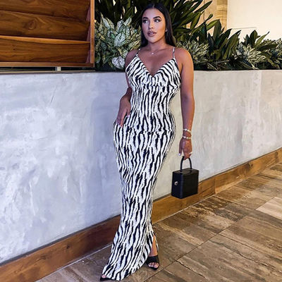 Seksi Baskı Şık Kadınlar Elbise Zebra Çizgili V Boyun Halter Elbise