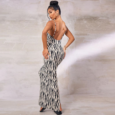 Seksi Baskı Şık Kadınlar Elbise Zebra Çizgili V Boyun Halter Elbise