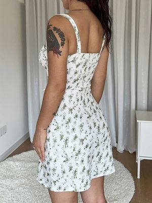 Küçük Çiçekli Seksi Slip Elbise Halter Slim Fit Etek Çizgi Boyun Eteği