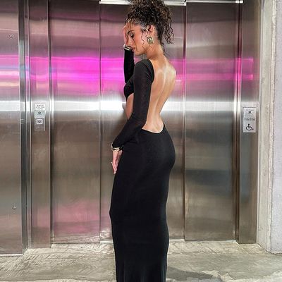 Yeni seksi seksi sırtlı elbise boş elbise uzun kollu kalça çantası katı renkli elbise