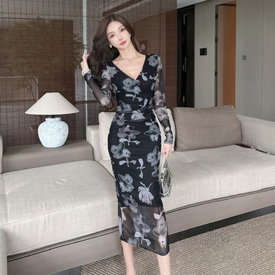 Mesh Print Seksi Kalça Elbise Uzun Kollu Düşük Sırt Sarma Kalça Elbise
