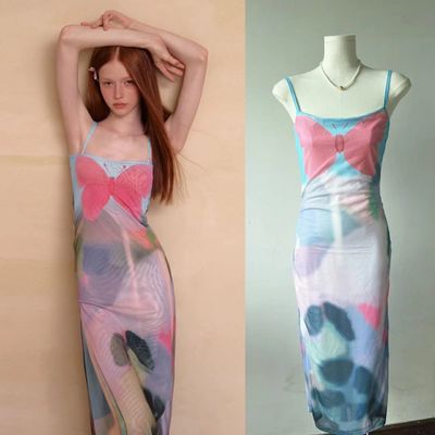 Pembe Mavi Kelebek Halter Elbise Fransız Slit Slim Seksi Elbise Bel Geciktirme