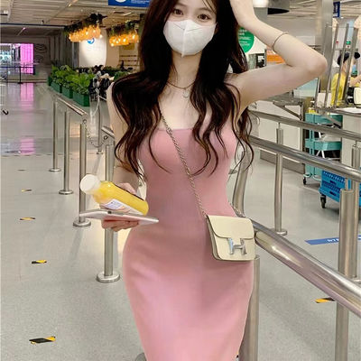 Şık Seksi Slip Elbise Tatlı baharatlı Slim Fit Pembe Tank Top Elbise Kolsuz