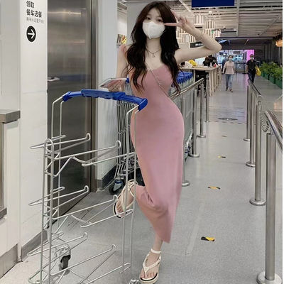 Şık Seksi Slip Elbise Tatlı baharatlı Slim Fit Pembe Tank Top Elbise Kolsuz