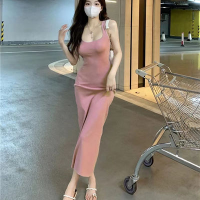 Şık Seksi Slip Elbise Tatlı baharatlı Slim Fit Pembe Tank Top Elbise Kolsuz
