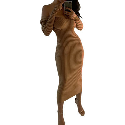 Seksi Şık Kadınlar Elbise Büyük V Boynuz Açık Omuz Uzun Kollu Elbise