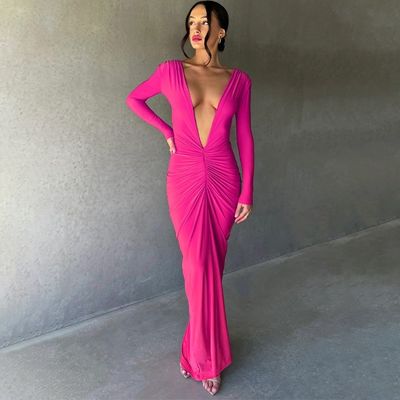 Gül Kırmızı Şık Kadınlar Elbise Zayıf Seksi Büyük V Boynuzlu Elbise Sırtsız Pliçler Katı Renk