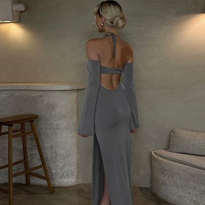 Katı Renk Şık Kadınlar Elbise Moda Sıcak Sırtsız Elbise Bölünmüş Kemersiz