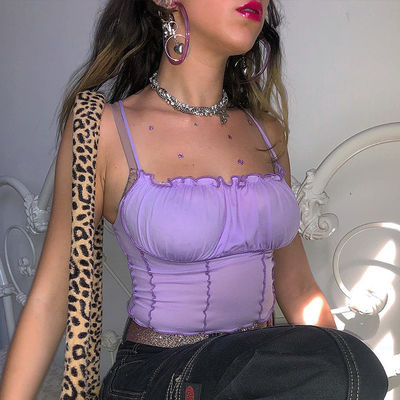 Mor Konforlu Kadınlar Camisole Yelek Şık Sıkı Pamuk Tank Top Yumruklu Dalgalı Kenar