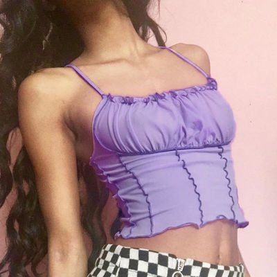 Mor Konforlu Kadınlar Camisole Yelek Şık Sıkı Pamuk Tank Top Yumruklu Dalgalı Kenar