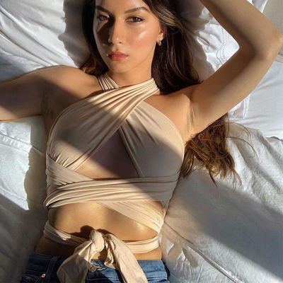 Kolsuz V Boynuzlu Tank Top Dırnaqlı Seksi Cross Halter Top