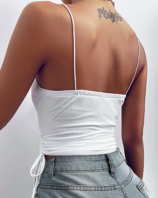 Sıkı Seksi Beyaz Koltuklar Katı Renk Derin V Boynuz Kamisol İpi Çek Rastgele Küçük Yelek