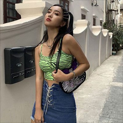 Moda Kadınlar Camisole Yelek Flüoresan Yeşil Zebra Baskı Camisole Slim Fit Seksi Toplu