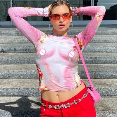Sıradan Kadınlar Uzun Kollu Tişörtler baharat baskı Slim Fit Ekip Boynuz Uzun Kollu Üst