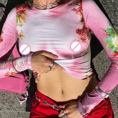 Sıradan Kadınlar Uzun Kollu Tişörtler baharat baskı Slim Fit Ekip Boynuz Uzun Kollu Üst
