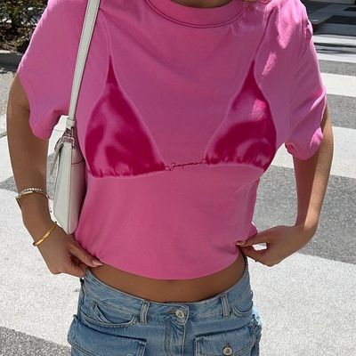 Konforlu Şık Dekal Tişört Baskılı Seksi Yuvarlak Boyun Kısa Kollu Tişört