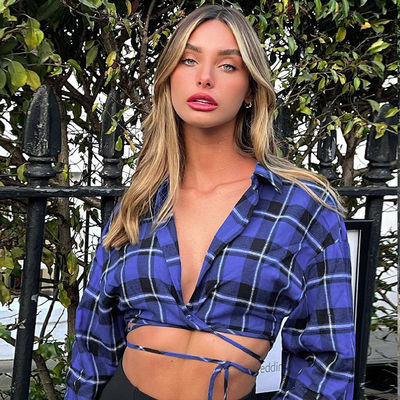 Şık Plaid Seksi Kadınlar Düğmeli Tişört V Boynuzlu Uzun Yumruklu Tişört Alt Belli