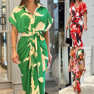 Kısa kollu Çiçekli baskı Giyinmiş Moda Kadın elbisesi Rahat Rastgele Seksi Slim Fit