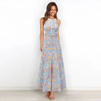 Yetişkinler için elbisesiz elbise stilli çiçekli halter maxi elbise