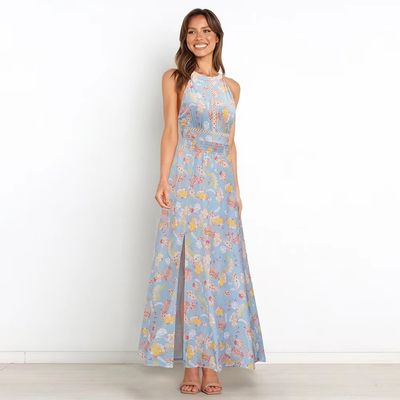Yetişkinler için elbisesiz elbise stilli çiçekli halter maxi elbise