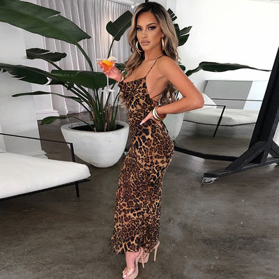 Silhouette Leopard Çiçekli Baskı Kıyafet Şık Seksi Sırtsız Çiçekli Elbise Slim Fit