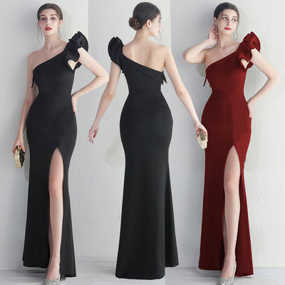Tek Omuzlu Slim Fit Resmi Elbise Renkli Kenar Kapak Hip Moda Seksi Slit Elbise