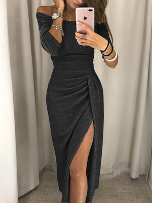 Glitter Kadınların İnce Akşam Elbisesi Çanta Kalça Elbise Slit Neckline Elbise Akşam Yemeği Elbise