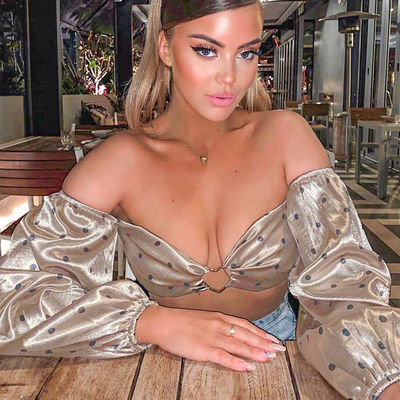 Moda Sıkı Seksi Tişört Uzun Kollu Polka Dot Metal Düğme Üst Tişört