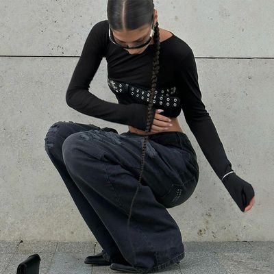 Moda baharat seksi sıkı tişörtler yuvarlak boyun ince uzun kollu tişört katı desen