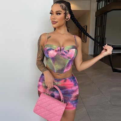 Fashion Crop Top Kısa Eteği Set Baskı Halter Slim Fit 2 Parça Kısa Eteği Set
