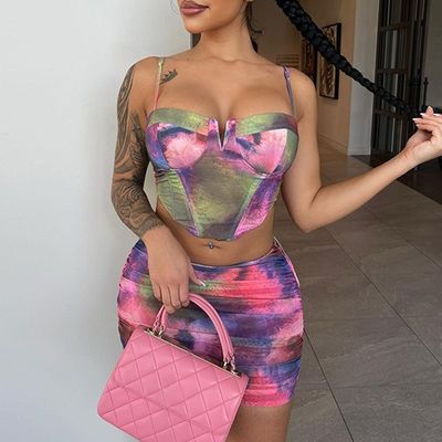 Fashion Crop Top Kısa Eteği Set Baskı Halter Slim Fit 2 Parça Kısa Eteği Set
