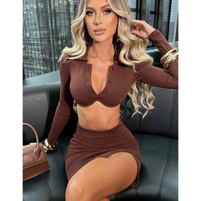 POLO Yaka seksi spor kıyafetleri uzun kollu katı renkli etek seksi spor kostümü