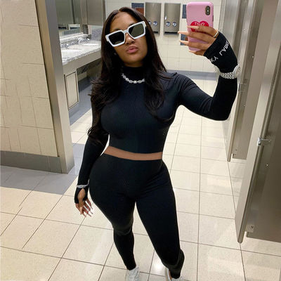 Zipper İki Parça Spor Set Yüksek Boynuz Slit nakış Mektubu Seksi Spor Giysi