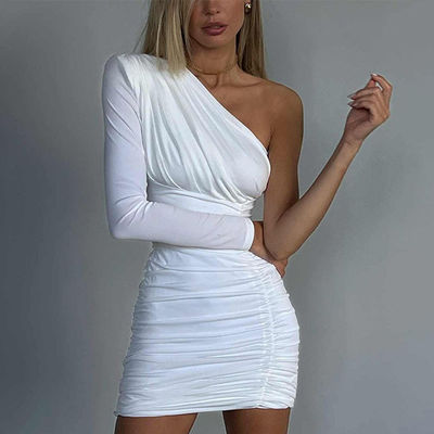 Moda Tek Omuz Tüp Elbise Zayıf Plüse Tek Omuz Elbise Uzun Kollu Kalça Sargı