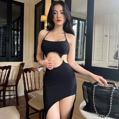 Slit Halter Neck elbise Şık Seksi Sırtsız Kesilmiş Halter Elbise Slim