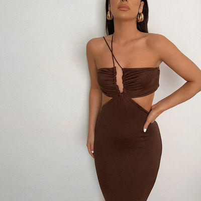 Süveter Kapama Sıcak Pembe Halter Elbise Pamuk Halter Boyun Düşük Sırt Elbise Kadınlar