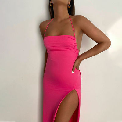 Uzun Halter Boynuz Elbise Moda Seksi Halter Boynuz Kemeri Elbise Zayıf Slit Elbise Kadın