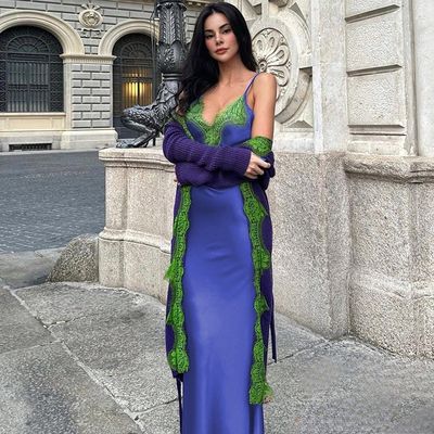 Şık Seksi Slip Elbise Patchwork V - Boynuz Slim Kemer Elbise