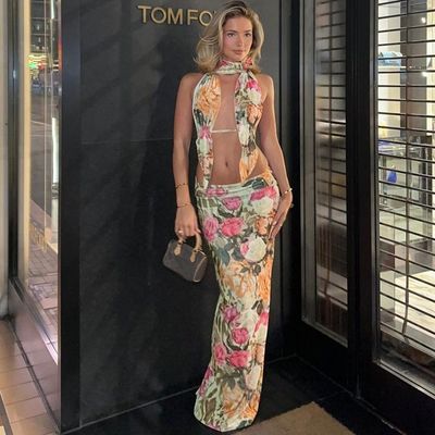 Seksi Sırtsız Kemersiz Üst Slim Bölünmüş Etek V Boyun Uzunluk