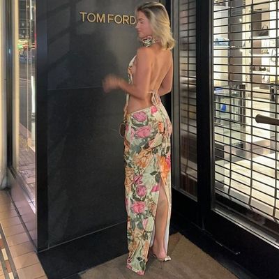 Seksi Sırtsız Kemersiz Üst Slim Bölünmüş Etek V Boyun Uzunluk