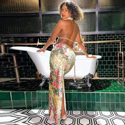 Seksi Sırtsız Kemersiz Üst Slim Bölünmüş Etek V Boyun Uzunluk