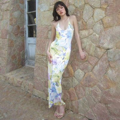 Yazlık Şık Kadınlar Elbise Baskı Seksi Sırtsız U Boynuzlu İnce Halter Elbise