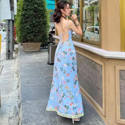 Yaz yeni moda baskısı seksi sırtsız dantel halter elbise