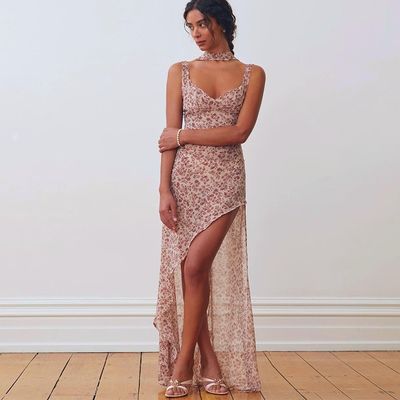 Yeni bayan halter çiçekli seksi sırtsız bölünmüş dantelli elbise