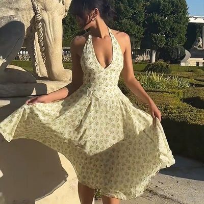 Özel bayanlar yaz tatlı rüzgar sırtsız halter moda çiçek desen korset etek elbise