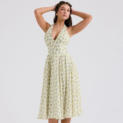 Özel bayanlar yaz tatlı rüzgar sırtsız halter moda çiçek desen korset etek elbise