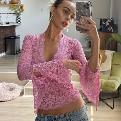 Yeni seksi derin V ince-fit her şey kısa biçim özel dantel uzun kollu baharat kız stili dantel üst