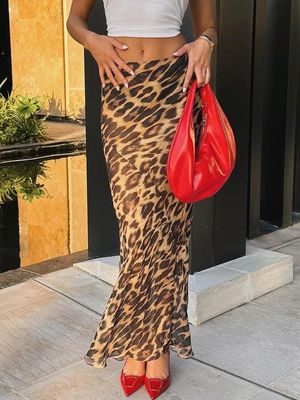 Yaz Yeni Moda Seksi Leopar Baskı Chiffon Balık Kuyruklu Eteği Zemin - Uzunluk Eteği